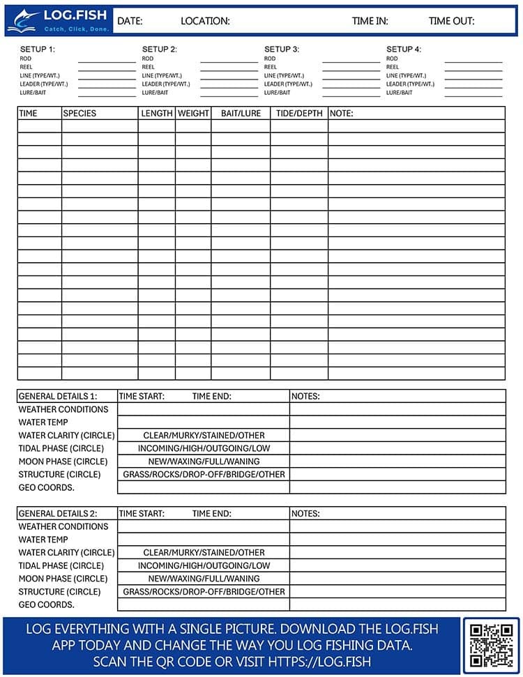 The Log.Fish printable fishing log: rows for time, species, length, weight, bait, tide and notes, four tackle setups, and the day’s weather, water and tide details