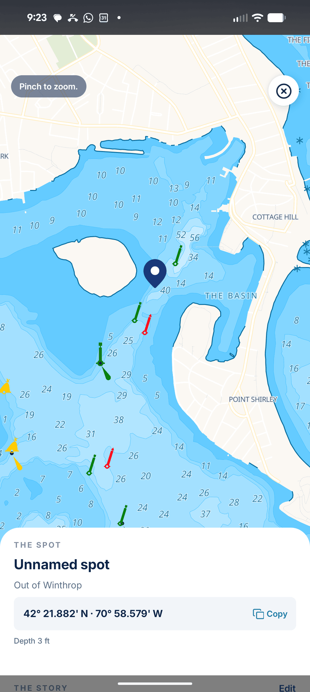 The catch spot pinned on a NOAA chart with depth soundings and contours