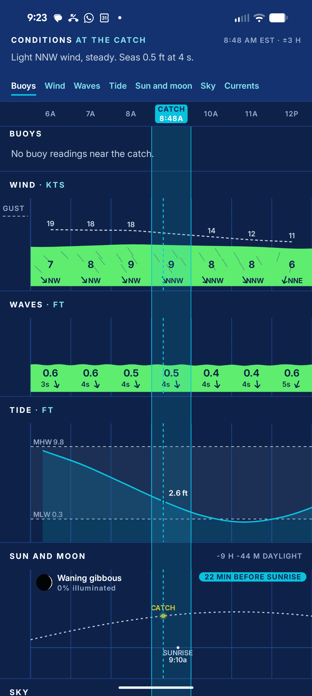 Conditions at the catch, Detailed: wind, waves and tide on the hour grid with the Catch column at 8:48 AM