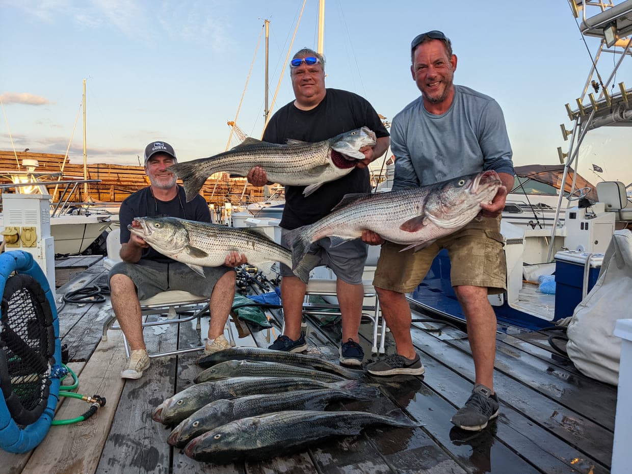 Three anglers together on the dock at sunset, holding up the striped bass they caught.