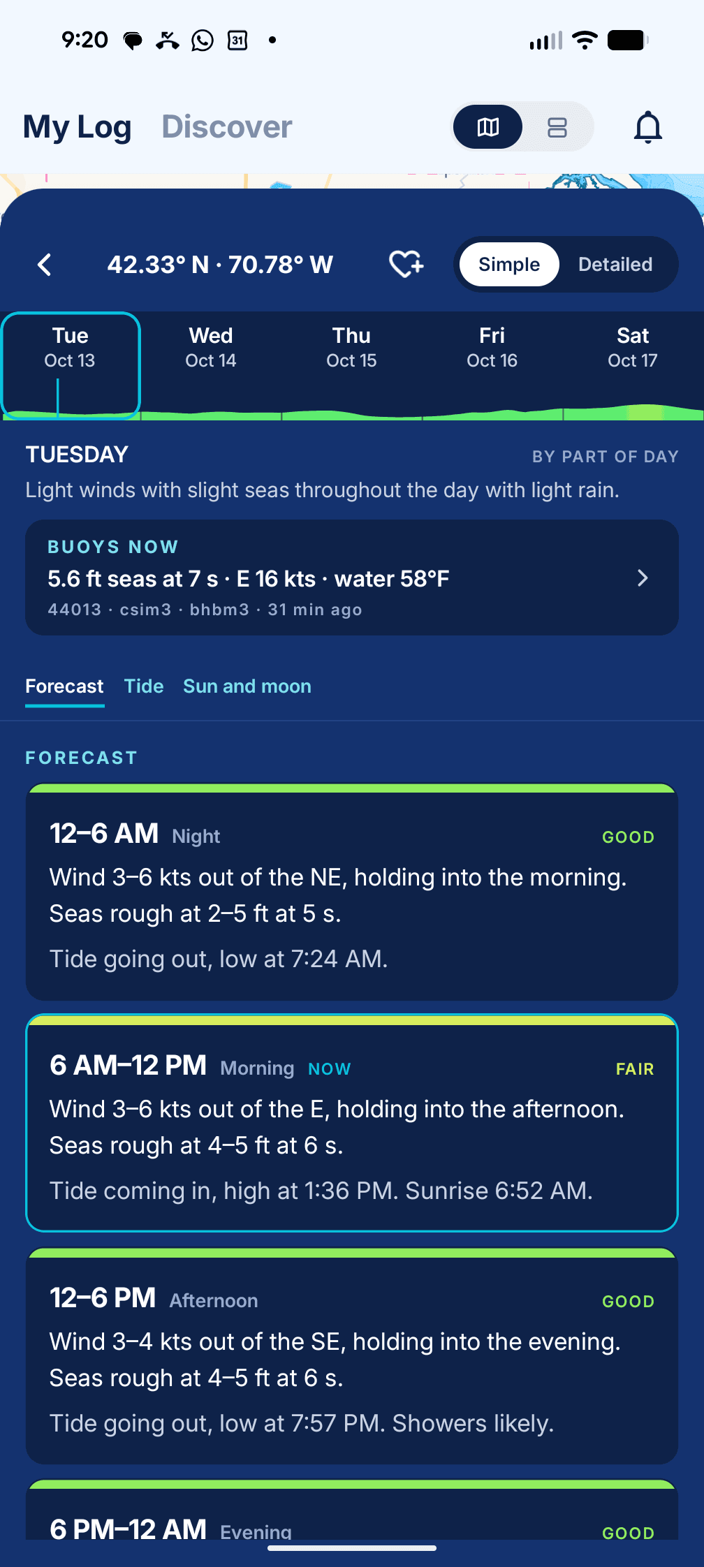 Simple forecast for a saved spot at 42.33° N 70.78° W: five-day strip, Buoys Now, and plain-sentence blocks by part of day