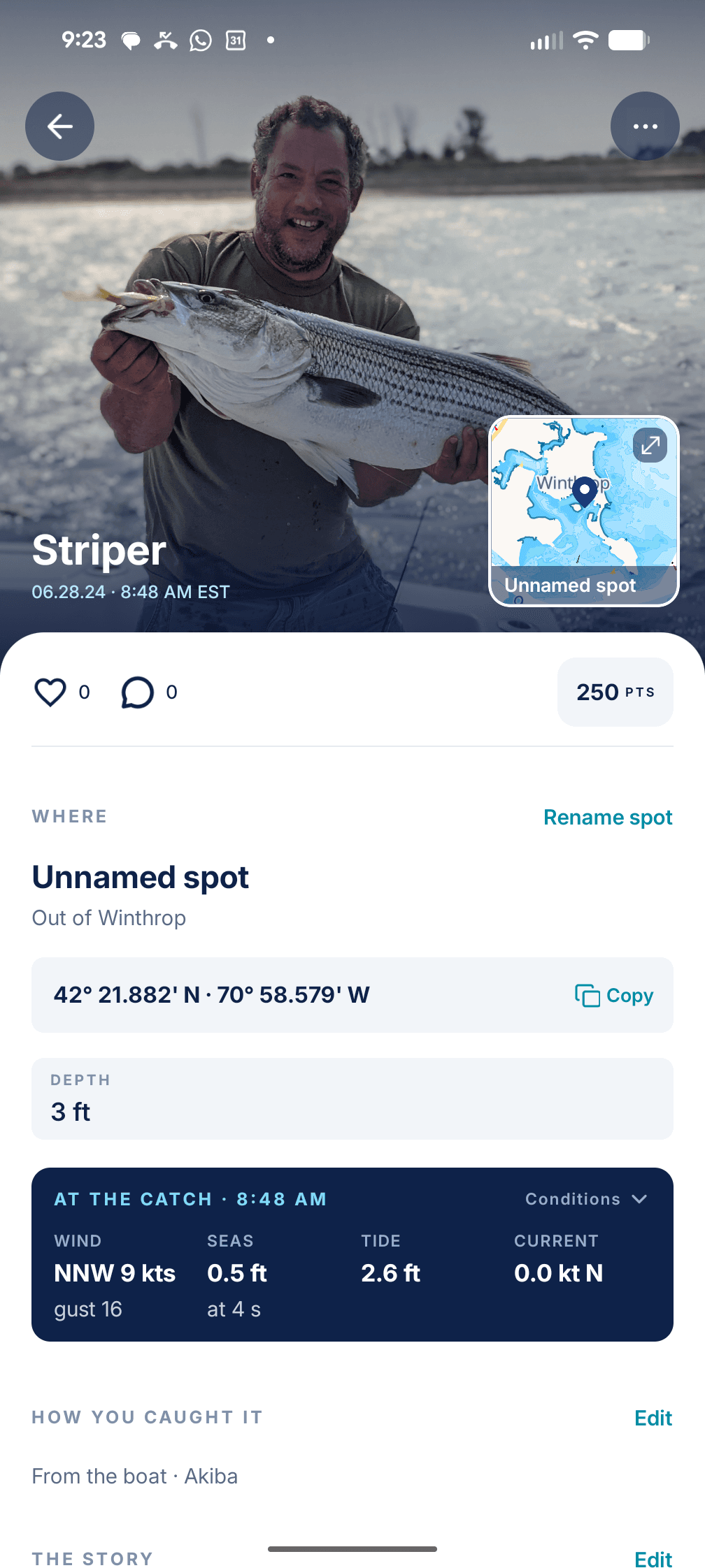 A striper Log Sheet: the spot out of Winthrop, depth 3 ft, and the At the catch card with wind NNW 9 kts, seas 0.5 ft, tide 2.6 ft