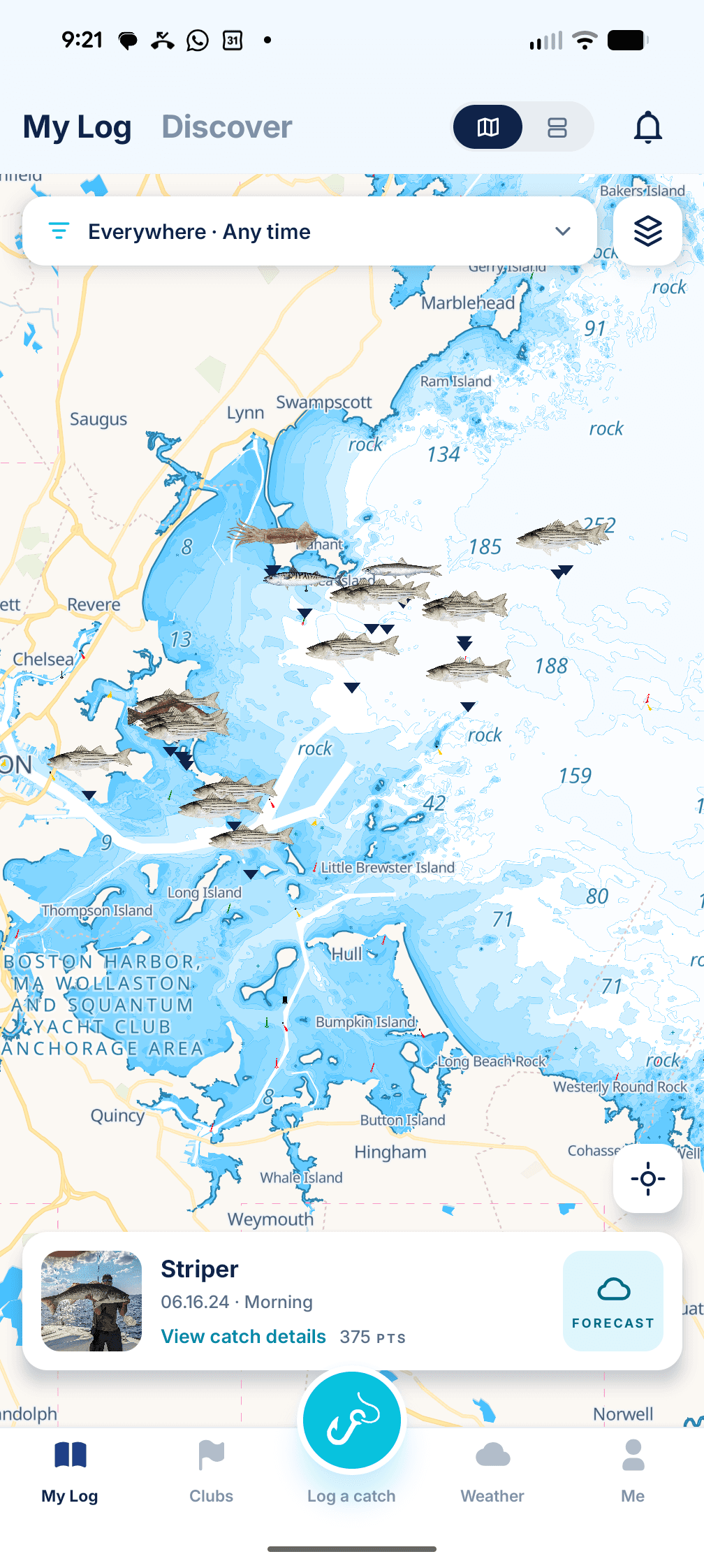 My Log chart of Boston Harbor and Massachusetts Bay with depth contours and striper catch pins