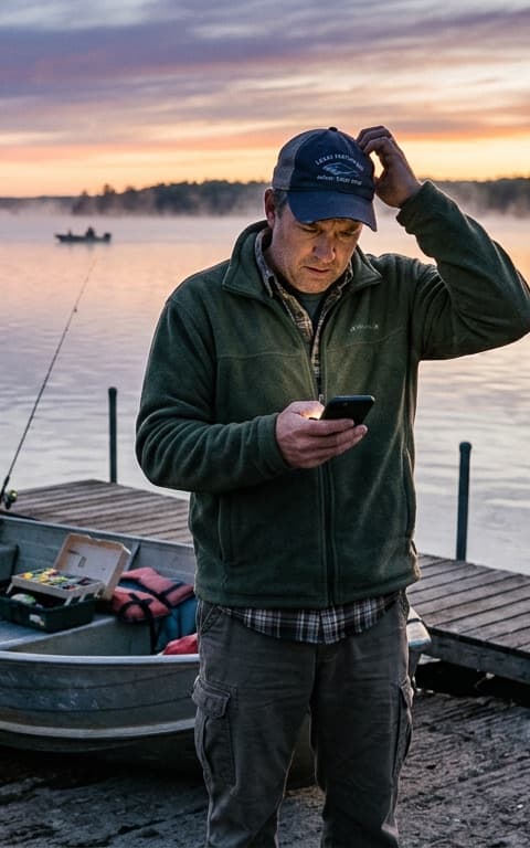 An angler at the ramp at dawn, checking their phone before launching
