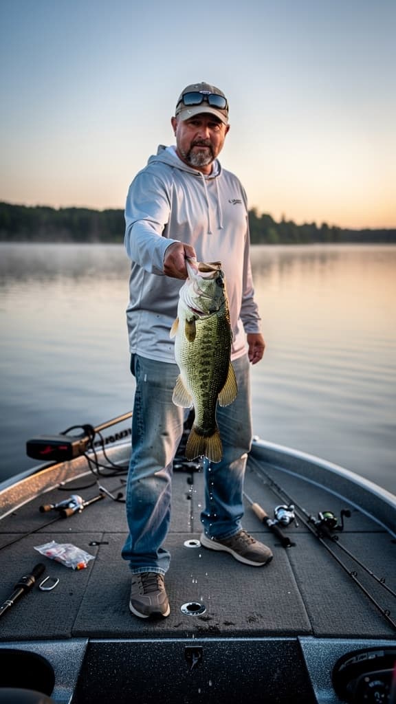 An angler on the bow deck of a bass boat at first light, holding up a largemouth bass