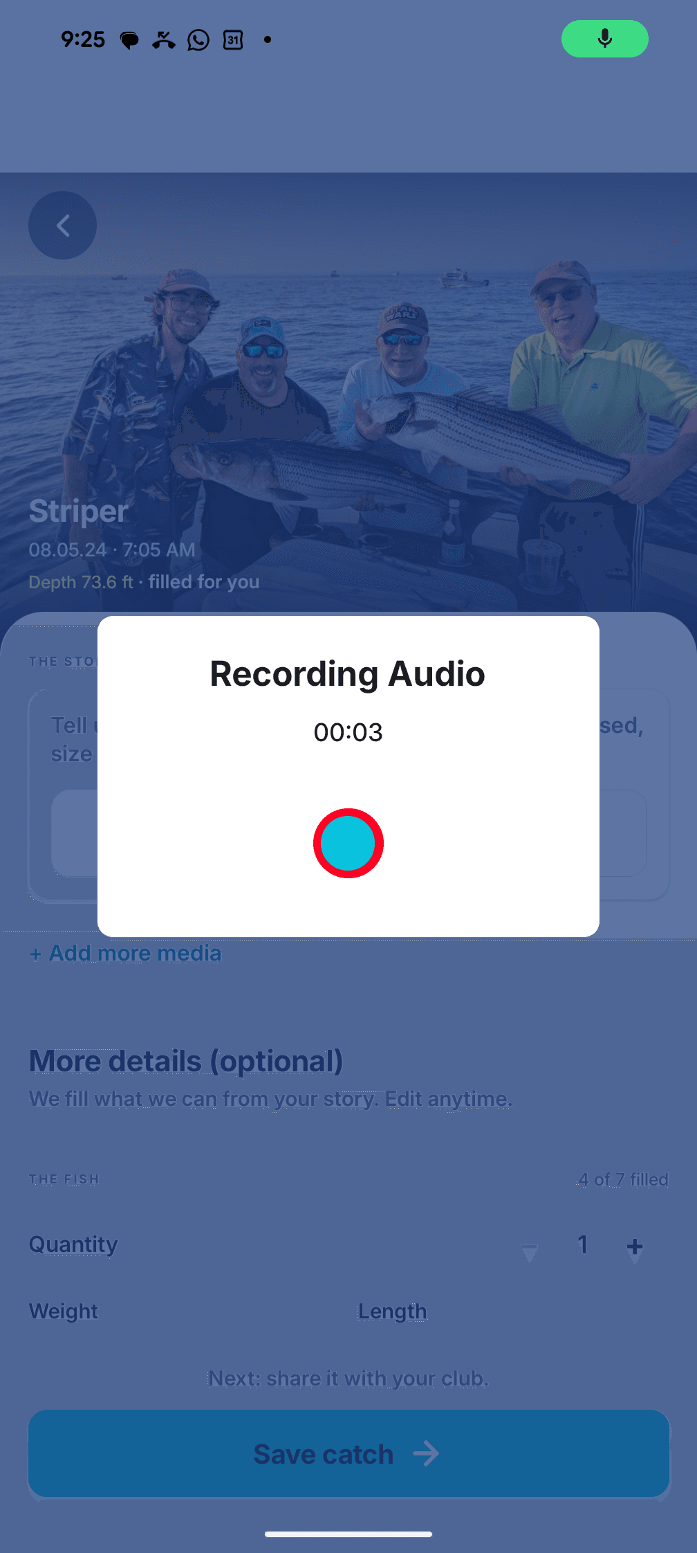 Recording audio for the catch story, 3 seconds in